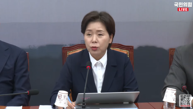 양향자 국민의힘 신임 최고위원이 28일 국회 본청에서 열린 당 최고위원회의에 참석해 공개발언하고 있다.<‘국민의힘TV’ 유튜브 영상 갈무리>