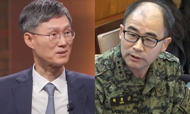 문화방송(MBC) ‘손석희의 질문들’에 나온 문형배 전 헌법재판관. 지난 2월6일 헌법재판소에서 증언 중인 곽종근 전 특수전사령관. 문화방송 갈무리, 헌법재판소 제공