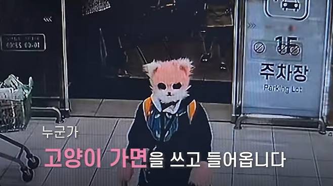 고양이 모양 인형 탈을 쓴 채 흉기를 들고 마트를 활보한 20대. [사진 출처 = 경찰청 공식 유튜브 캡처]