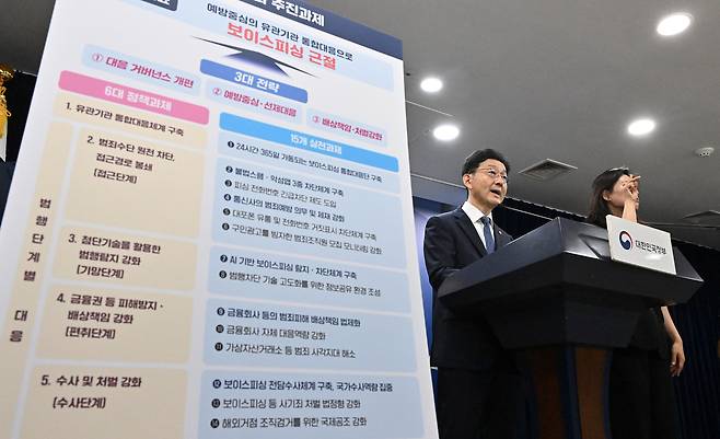 윤창렬 국무조정실장이 28일 오전 서울 종로구 정부서울청사에서 보이스피싱 근절대책을 발표하고 있다. 이날 정부는 ‘범정부 보이스피싱 대응 TF’회의를 통해 기존의 개별기관 중심 사후대응 방식을 넘어, 예방적·선제적 대응과 유관기관 통합적 협력체계를 중심으로 하는 종합대책을 마련했다.  임세준 기자