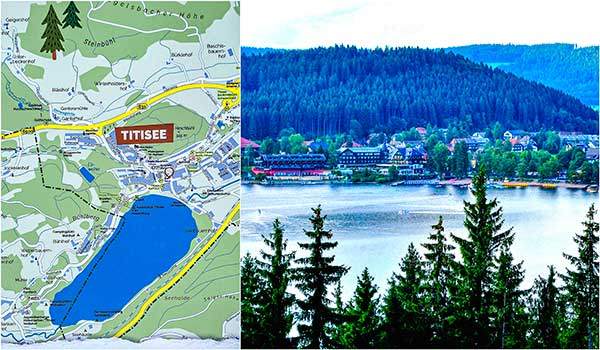 티티제 호수의 '검은 숲'. 안내판에서 호수를 둘러싼 녹색은 모두 슈바르츠발트 자연공원의 '검은 숲'이다. 동화 '헨젤과 그레텔'의 배경이 된 곳으로, 어린 남매가 길을 잃어버리고 마녀를 만날 만큼 빽빽하고드넓은 숲이다. 검은 숲에 둘러싸인 티티제 호수. 사진 이그나즈