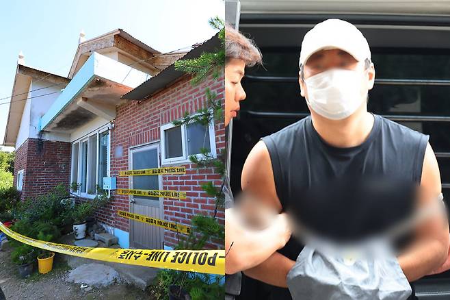 지난달 13일 경기 김포시 한 단독주택에서 부모와 형 등 일가족 3명을 흉기로 살해한 혐의를 받는 30대 A씨가 구속 전 피의자 심문(영장실질심사)을 받기 위해&nbsp;부천시 원미구 인천지방법원 부천지원으로&nbsp;출석하고 있다. 왼쪽은 사건 현장. 연합뉴스·뉴시스