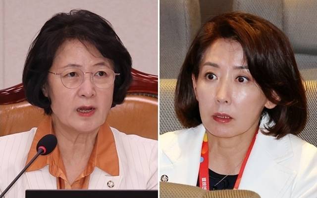 26일 추미애 서울 여의도 국회에서 열린 법제사법위원회 전체회의에서 추미애(왼쪽) 위원장이 발언하고 있다. 왼쪽은 28일 인천국제공항공사 항공교육원에서 열린 2025 국민의힘 국회의원 연찬회에 참석한 나경원 국민의힘 의원. 연합뉴스