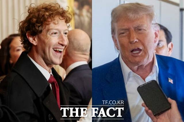 도널드 트럼프 대통령의 '추가 관세' 경고 배경에 마크 저커버그(왼쪽) 메타 최고경영자(CEO)의 영향이 있었다고 28일 블룸버그는 밝혔다. /뉴시스