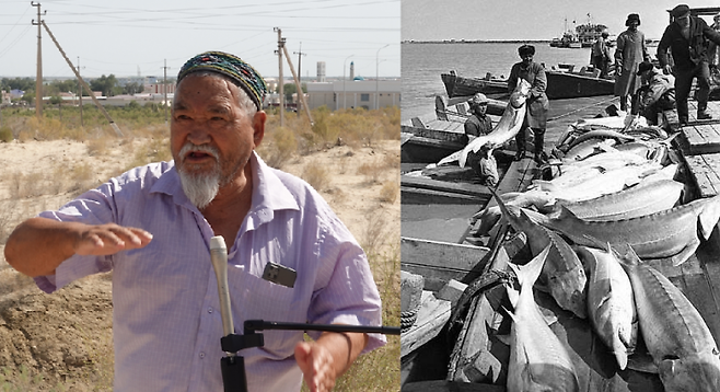 (왼쪽)무이낙 현지 주민 샤디노브 알리 오라즈바예비츠씨가 외교부 공동취재단에 아랄해에 대해 설명하고 있다. (오른쪽)1950대 러시아인이 촬영한 것으로 추정되는 과거 아랄해의 모습. 여러 마리의 철갑상어를 잡아올리고 있다. 오라즈바예비츠씨 제공. [외교부 공동취재단]