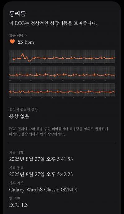 삼성전자의 갤럭시 워치 8 홈 버튼 위에 손가락을 올려놓고 30초 정도 기다렸더니 연동된 휴대폰 화면에 결과가 나왔다. 결과는 '동리듬(정상)'으로 표시됐고, 평균 심박수는 분당 63회였다. 사진=박유진 기자
