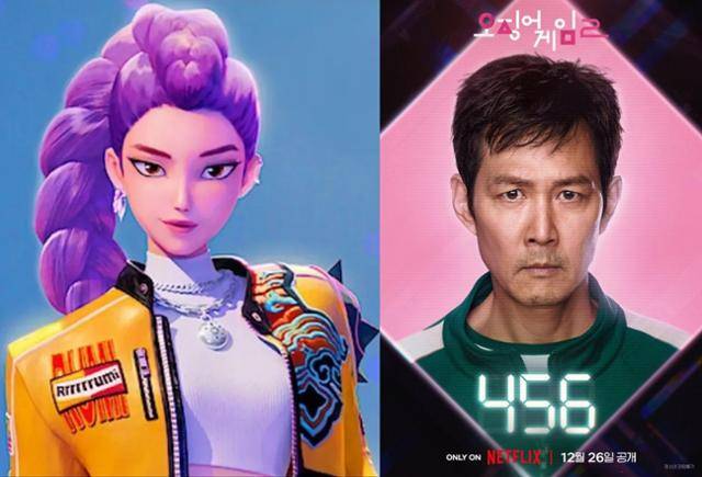 미국이 만든 K콘텐츠 '케이팝 데몬 헌터스'의 주인공 루미(왼쪽)와 한국이 만든 K콘텐츠 '오징어게임'의 성기훈(이정재). 넷플릭스 제공