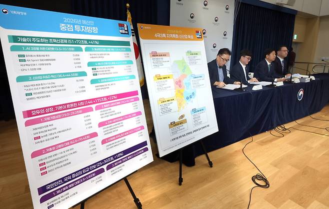 구윤철 부총리 겸 기획재정부 장관이 지난 28일 정부세종청사 중앙동 공용브리핑실에서 2026년도 예산안에 관해 설명하고 있다. 오른쪽부터 유병서 예산실장, 구 부총리, 임기근 2차관, 안상열 재정관리관. [사진 출처 = 연합뉴스]