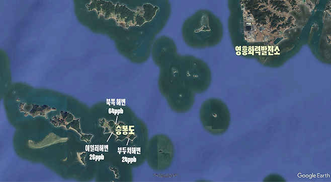 ▲ 살아지구가 측정한 승봉도 각 해변의 위치와 측정치 (사진 : 구글어스 촬영본을 살아지구가 편집)