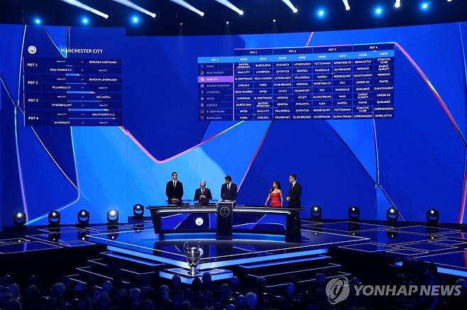 2025-2026시즌 UCL 리그 페이즈 대진 추첨식 모습. [로이터=연합뉴스]