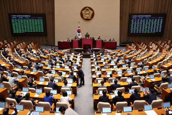 지난 24일 국회 본회의에서 ‘노동조합 및 노동관계조정법 일부개정법률안(노란봉투법)’이 여당 주도로 통과되고 있다.(사진=연합뉴스)