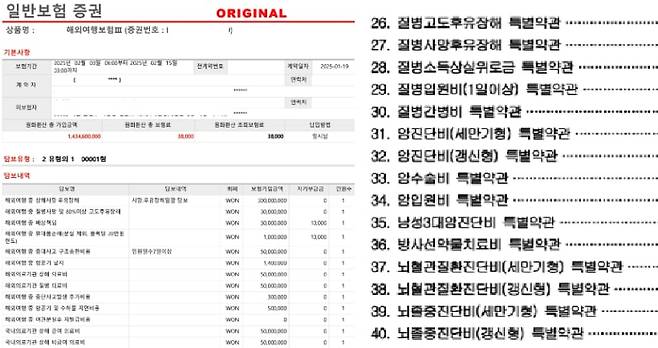 보험증권(왼쪽)과 특별약관(오른쪽). /어슈런스