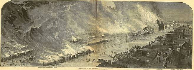 “분열된 미국을 연결하는 철도.” 펜실베이니아 철도 그림.