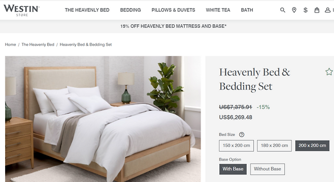 가격 한번 살벌하다. ‘천상의 침대(헤븐리 베드)’에서 그 천(天)이 1천만원 할 때 그 천(千)이었을 줄이야. 지역에 따라 가격 차이가 좀 있는 편인데, 위 가격은 캐나다 공식 사이트 판매 가격이고 미국 사이트는 조금 더 저렴하다. [사진 출처=웨스틴 호텔 앤 리조트 웨스틴 스토어]