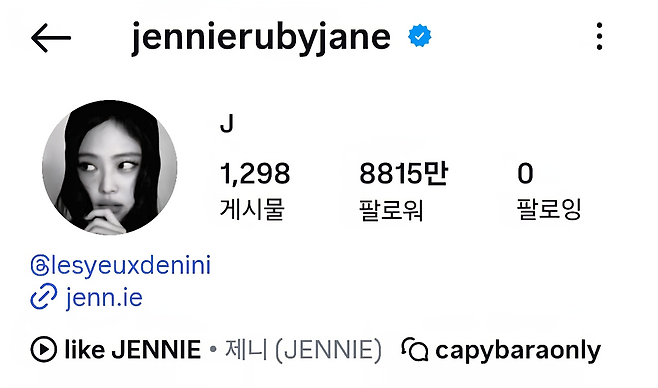 제니 인스타그램. 8815만명의 팔로워를 보유한 제니는 게시물 당 얻는 수입이 6억원을 넘는것으로 알려졌다. [제니 인스타그램]