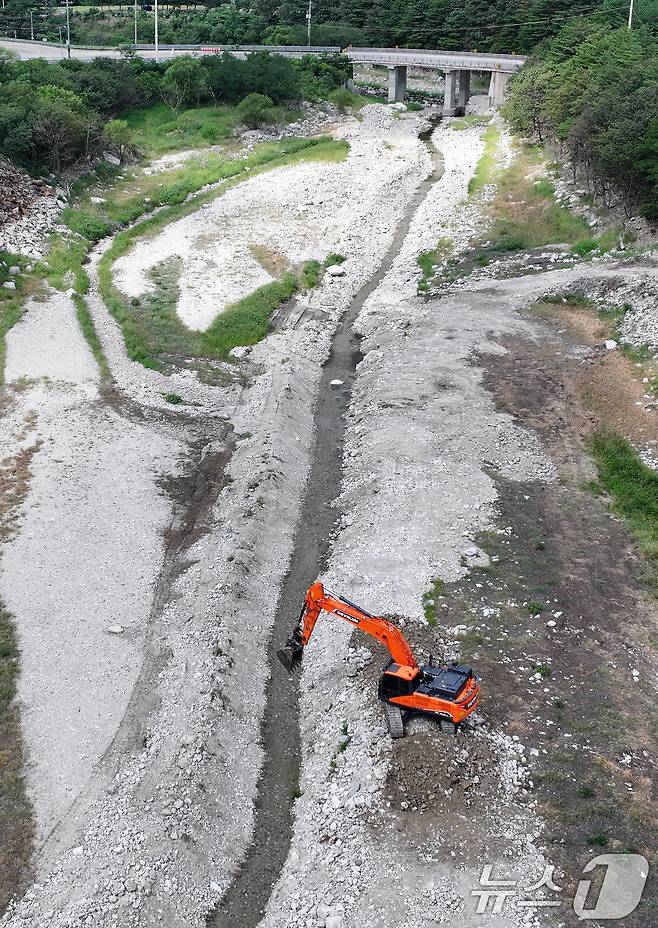 31일 강원 강릉시 주요 상수원인 오봉저수지 상류에서 한 관계자가 포크레인으로 물길을 내고 있다. 2025.8.31/뉴스1 ⓒ News1 김성진 기자