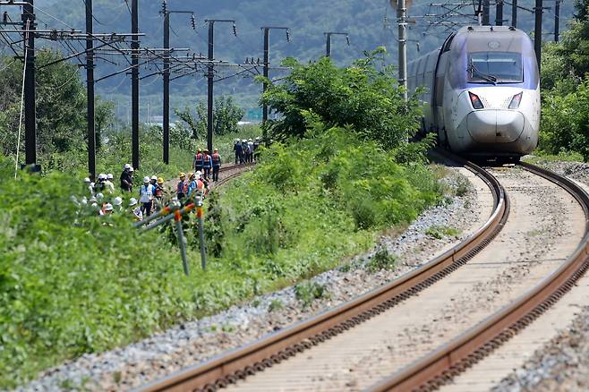 지난 19일 오전 10시 52분쯤 경북 청도군 화양읍 삼신리 청도소싸움 경기장 인근 경부선 철로에서 마산으로 향하던 무궁화 열차가 선로에서 작업하던 근로자 7명을 치는 사고가 발생했다. 경찰과 소방, 코레일 등 관계자들이 사고 현장을 조사하는 가운데 우측으로 열차가 서행하고 있다. /뉴스1