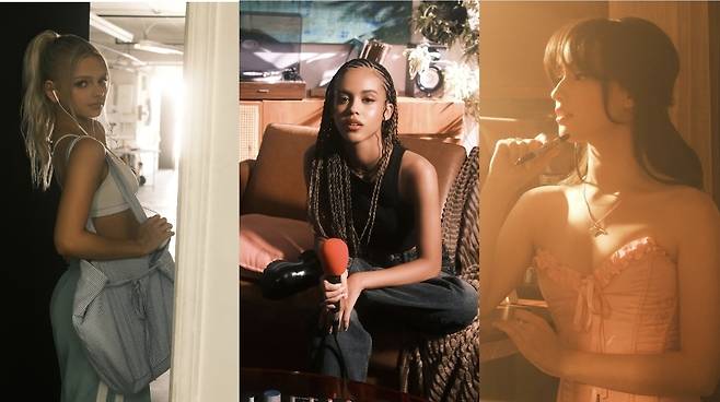 Emily (from left), Samara and Lexie, members of Hybe and Geffen Records’ new global girl group, in still cuts from a newly released video Friday (Hybe, Geffen Records)