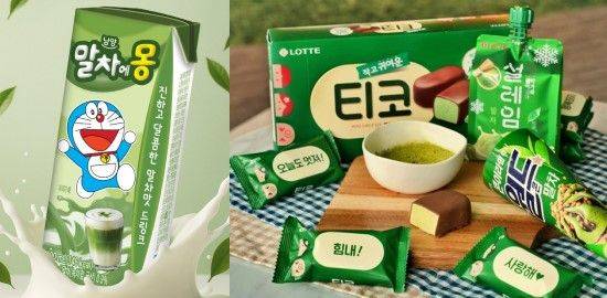 남양유업 ‘말차에몽’(왼쪽)과 롯데웰푸드 아이스크림 3종의 말차맛 한정판 제품. 각사 제공