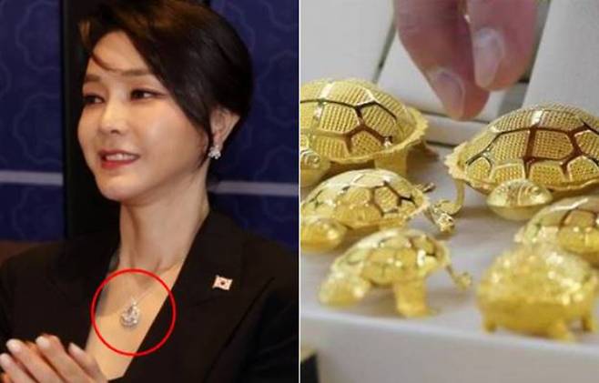 지난 2022년 6월 나토 순방 당시 6천만원대 반클리프 아펠 목걸이를 착용한 김건희씨(왼쪽)·금거북이 자료사진. 연합뉴스