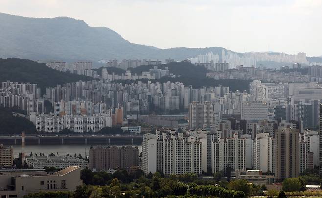 서울 강남 일대 아파트 전경.&nbsp;정부의 대출 규제에도 강남·서초·용산 등 고가 아파트 밀집 지역의 평균 주택담보대출액은 4억 원을 웃돌았다. 뉴시스