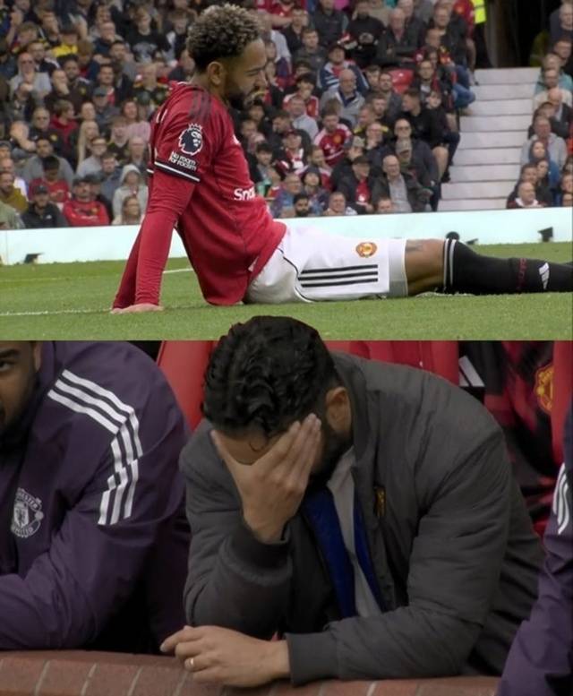 마테우스 쿠냐 부상에 고개를 숙인 루벤 아모림 맨유 감독(아래). /사진=433 캡처