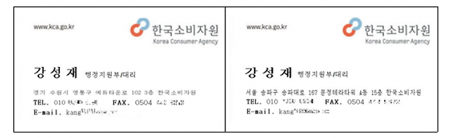 한국소비자원 직원을 사칭한 이가 사용한 명함. 직원 이름과 부서명, 전화 및 팩스 번호, 이메일 주소 등은 소비자원과 전혀 관련이 없는 내용임. 소비자원 제공