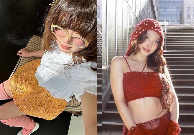 왼쪽부터 크로쉐안트의 뜨개 스커트, 트와이스 나연 니트 코디. (사진=디자이너 안순지, 트와이스 인스타그램)