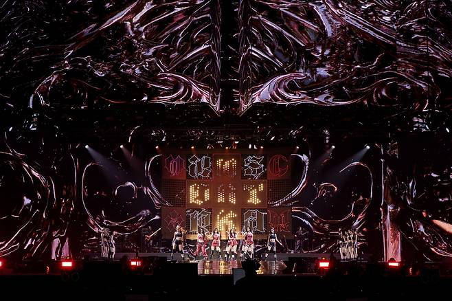 Aespa performs during its third concert, “2025 aespa Live Tour – SYNK: aexis Line,” at KSPO Dome in Seoul on Sunday. (SM Entertainment)