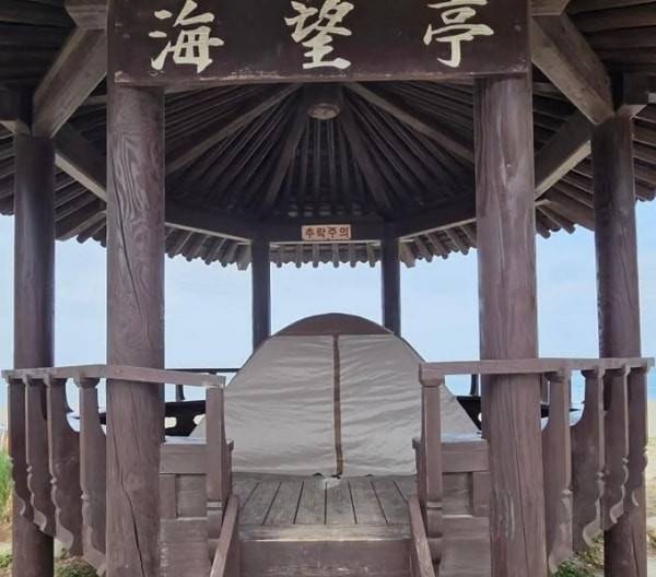 지난 6월 삼척시 근덕면 하맹방 해수욕장 인근 정자에 설치된 텐트 [보배드림 캡처]