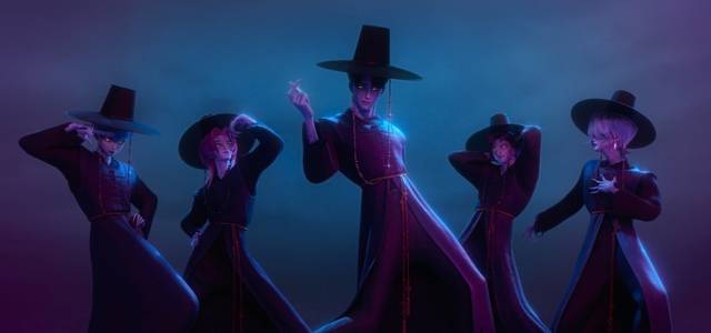 애니메이션 ‘케이팝 데몬 헌터스’에서 갓을 쓰고 춤추는 ‘사자보이즈’. 넷플릭스