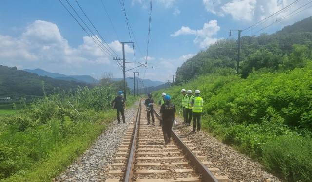 ▲경찰이 지난 20일 경북 청도군 무궁화호 열차 사고 현장에서 선로와 노반 폭을 측정하고 있다. ⓒ 경북경찰청