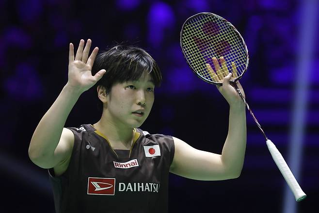 일본 야마구치 아카네가 31일 배드민턴 세계선수권 여자단식 결승에서 승리한 뒤 기뻐하고 있다. EPA연합뉴스|