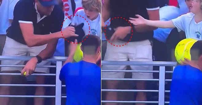 지난달 28일 US오픈에서 폴란드 테니스 스타 카밀 마이흐르작이 어린이 팬에게 건넨 모자를 뺏어가는 남성./엑스(X·옛 트위터)
