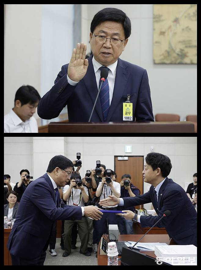 최 후보자가 선서를 마친 뒤 선서문을 김영호 교육위원장에게 전달하고 있다. 박형기 기자 oneshot@donga.com