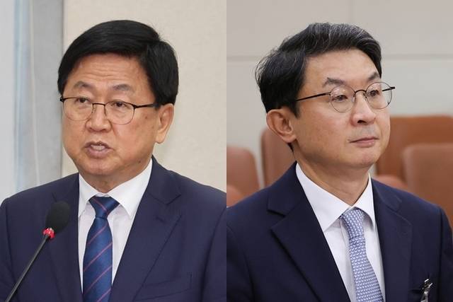 최교진(왼쪽) 부총리 겸 교육부 장관 후보자와 이억원 금융위원장 후보자가 2일 여의도 국회 교육위원회에서 열린 인사청문회에 출석해 있다. [연합뉴스]