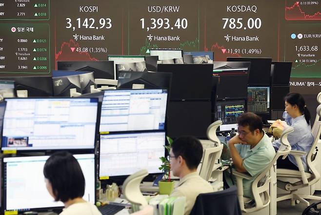 1일 오후 서울 중구 하나은행 본점 딜링룸 현황판에 코스피 지수, 원/달러 환율, 코스닥 지수가 표시돼 있다. 사진=연합뉴스
