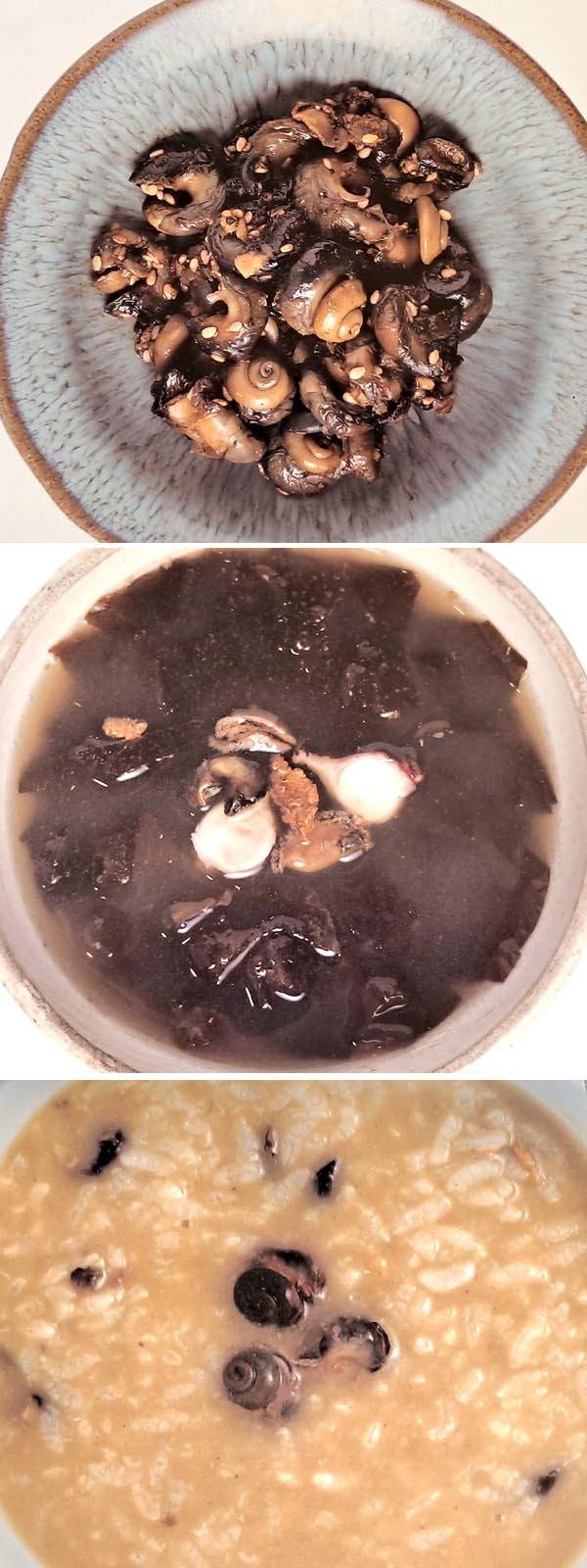 제주에서 흔히 먹는 보말 고둥으로 만든 음식들. 위쪽부터 양념으로 무친 보말촐레, 보말이 들어간 바릇국, 보말죽.