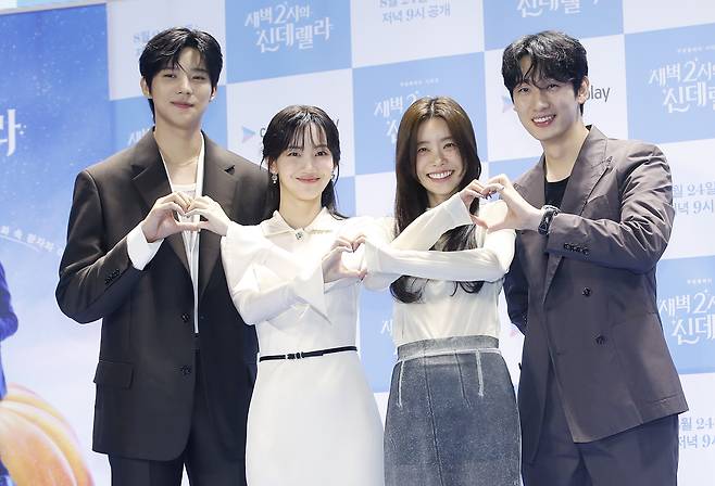 Cast members for the drama series ″Cinderella at 2 a.m.″ hold a press conference at Conrad Hotel in Yeouido, western Seoul, on Aug. 22, 2024. Many drama series and films in Korea feature conglomerate scions, as does ″Cinderella at 2 a.m.,″ which is about a young woman who decides to break up with a seemingly-perfect conglomerate heir. [NEWS1]