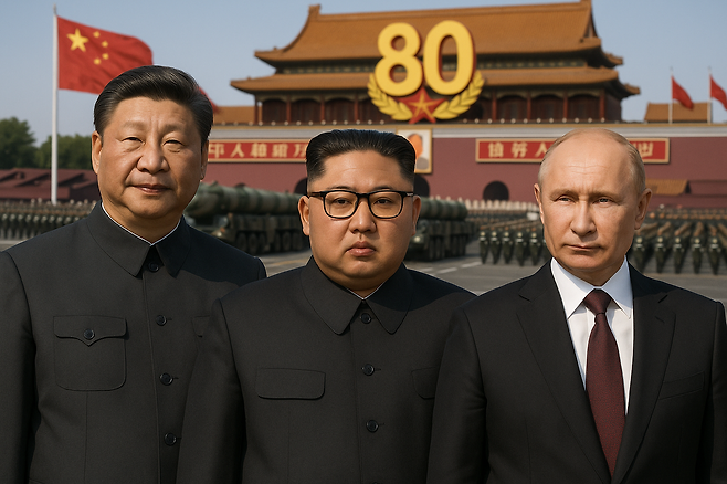 시진핑 중국 국가주석(왼쪽부터), 김정은 북한 국무위원장, 블라디미르 푸틴 러시아 대통령 모습 AI합성 이미지 [챗GPT를 사용해 제작]