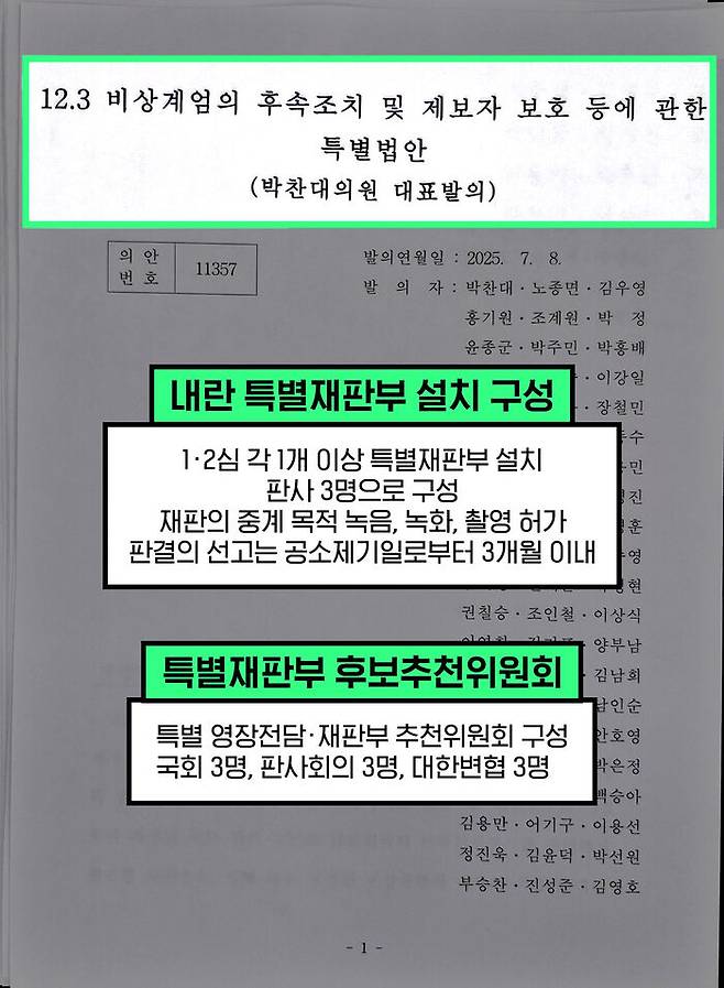 '내란 특별재판부' 내용을 담고 있는 '12.3 비상계엄의 후속조치 및 제보자 보호 등에 관한 특별법안'
