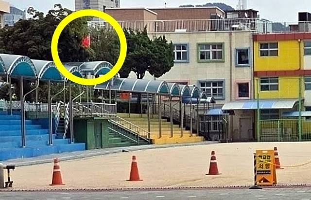 서울 용산구의 한 초등학교에 중국 국기인 ‘오성홍기’가 걸려 있다. 2025.9.2 소셜미디어