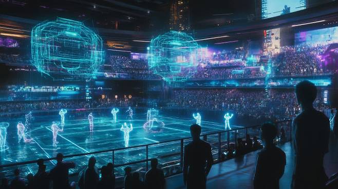 미래의 첨단화된 경기방에서 AI에 의해 만들어진 홀로그램 선수들이 경기를 펼치고 있다. (스톡 비디오 미디어 마켓 모션엘리먼츠 AI생성 이미지)