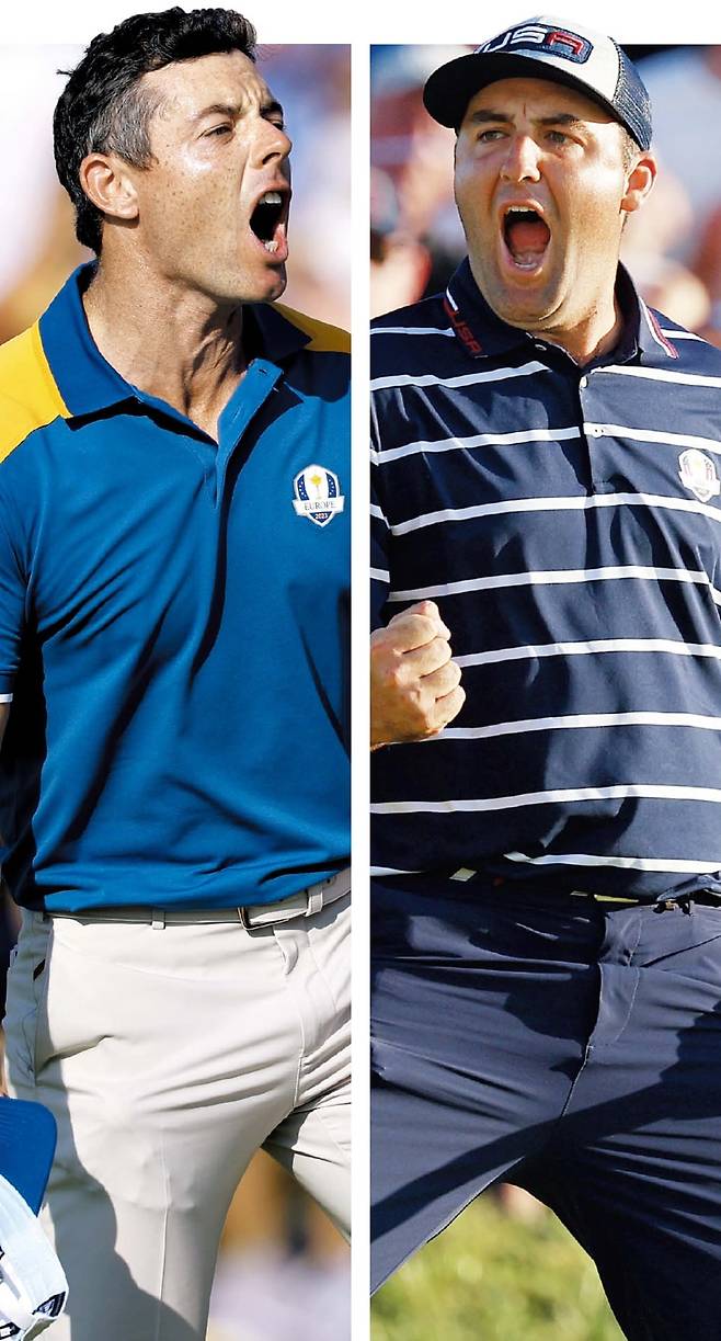 2023년 라이더컵 유럽팀 로리 매킬로이가 싱글 매치에서 샘 번스를 3&1(한 홀 남기고 세 홀 차 승리)로 꺾은 뒤 포효하고 있다(왼쪽). 미국 팀 스코티 셰플러가 2023년 라이더컵 첫날 포볼 매치 17번 홀에서 버디를 따낸 뒤 주먹을 불끈 쥐며 기뻐하고 있다./게티이미지코리아