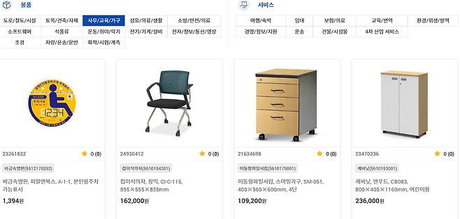 조달청이 운영하는 나라장터 종합쇼핑몰에 의자, 책상 등 사무용품이 판매되고 있다./나라장터