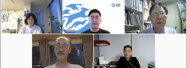 고은경(왼쪽부터 시계방향) 한국일보 기자, 송우진 휴메인월드포애니멀즈 연구원, 박창길 생명체학대방지포럼 이사, 김광만 전 한국동물실험대체법학회장, 유영재 비글구조네트워크 이사가 온라인 좌담회에 참석하고 있다. 팀즈 캡처