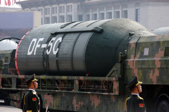 An armoured vehicle carrying the DF-5C liquid-fueled intercontinental strategic nuclear missile is seen during a military parade marking the 80th anniversary of the end of the Sino-Japanese War in Beijing, China, on Sept. 3. [EPA/YONHAP]