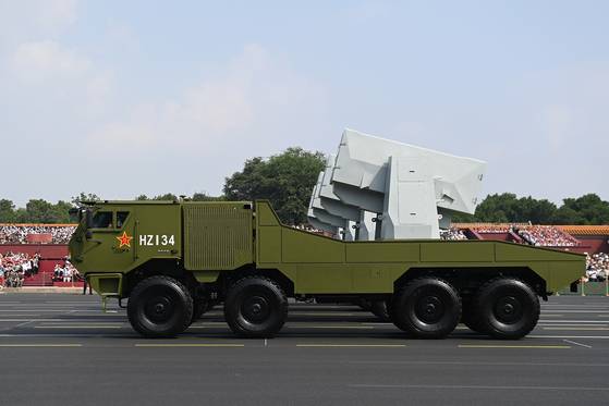 The ship-based air defense weapons formation attends a military parade in Beijing, capital of China, Sept. 3. [XINHUA/YONHAP]