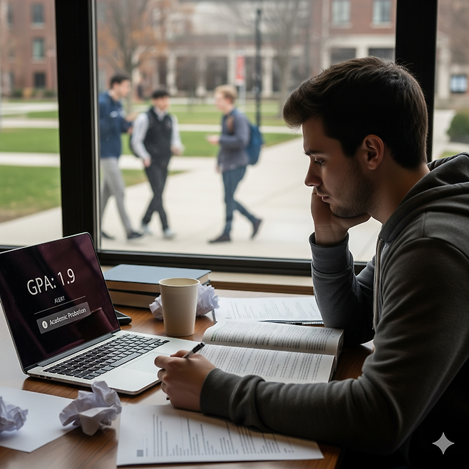낮은 학점을 받아 실망하고 있는 대학생의 모습을 AI로 제작한 이미지 [제작 = 제미나이]