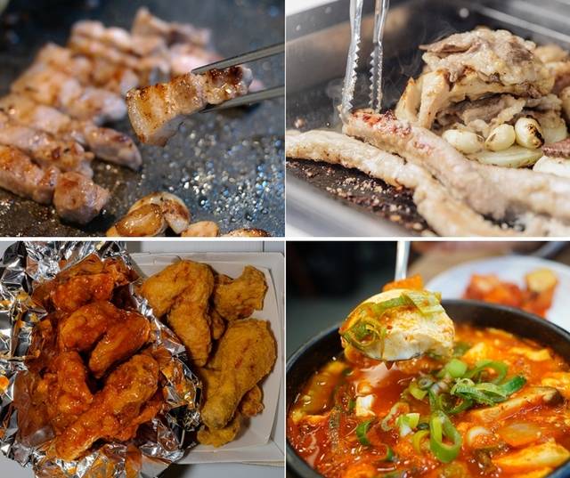 협심증 발생 위험을 높이는 음식들. 삼겹살(윗줄 왼쪽부터 시계 방향으로) 곱창, 찌개류, 치킨. 이미지투데이